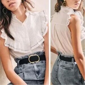 Sezane White Ruffled Bib Collar Blouse